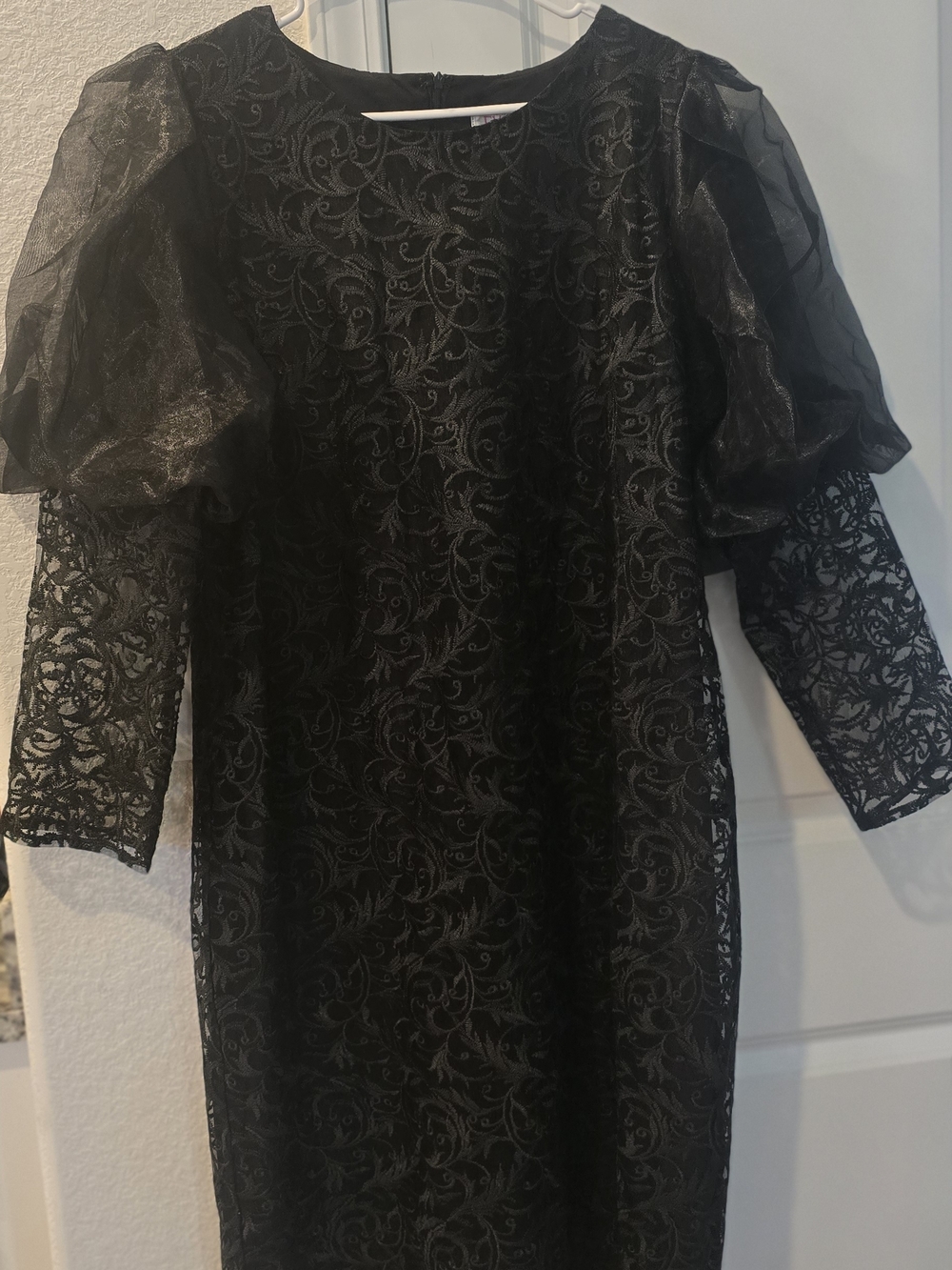 Black Long Sleeve Lace & Organza Puff-Sleeve Dress